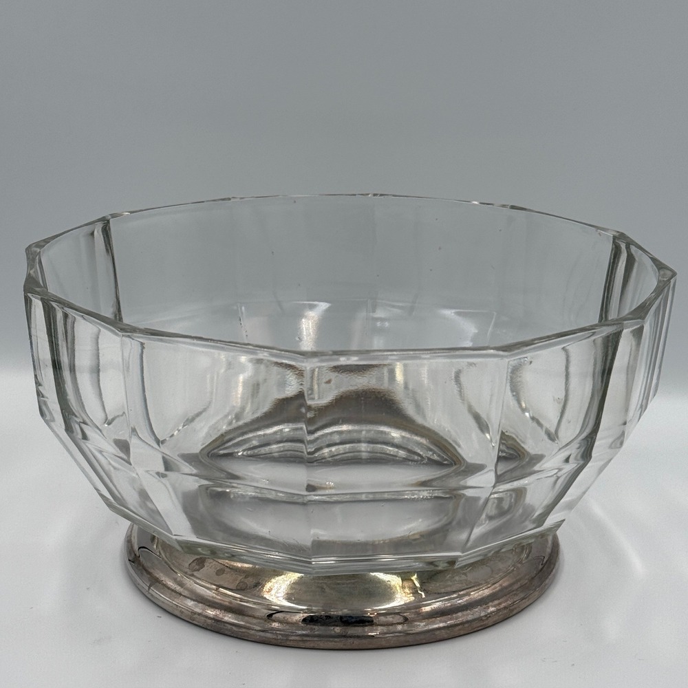 Vintage Faceted Glass Bowl Dish Silver Tone Pedestal Base Clear Decor - Picture 2 of 16